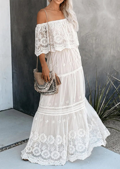 White Slash Neck Wrinkled Patchwork Lace Dress Summer