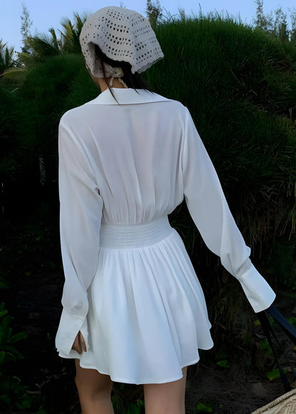 French White V Neck Shirt and Skirts Two Piece Set Fall