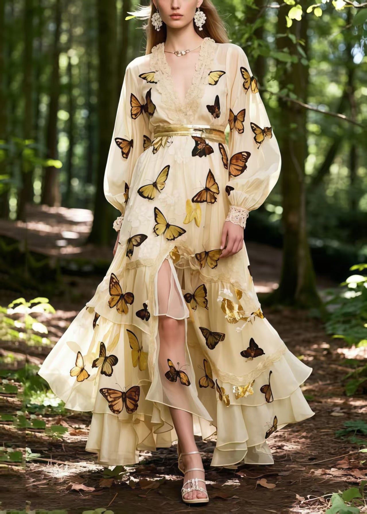 Apricot Butterfly Print Exra Large Hem Chiffon Party Dress Spring