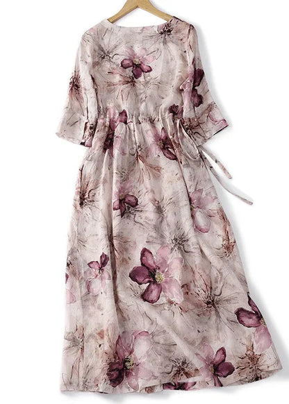Fine O-neck Print Wrinkled Linen Long Dress Summer