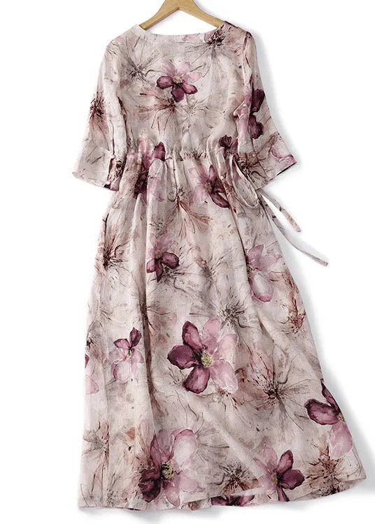 Fine O-neck Print Wrinkled Linen Long Dress Summer