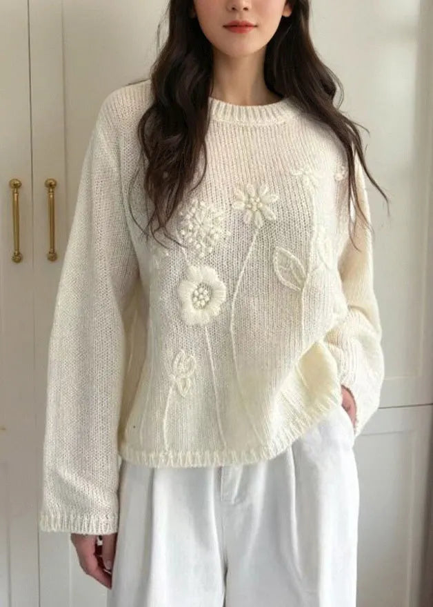 Loose Pink O-neck Cotton Knit Sweater Fall