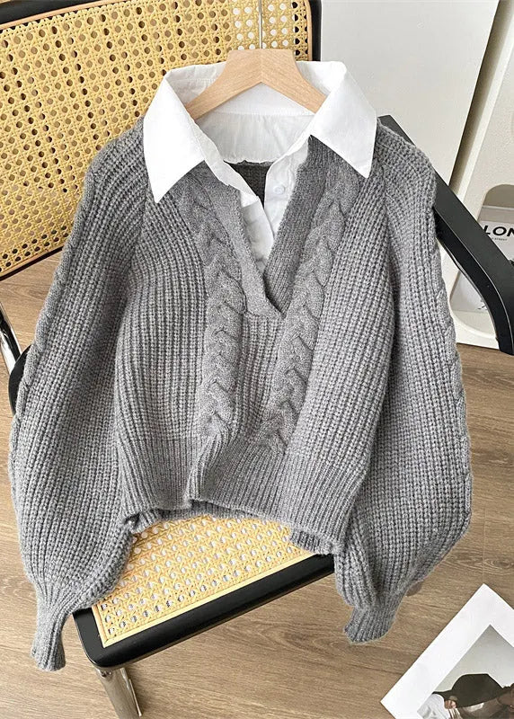 Grey False Two Pieces Patchwork Knit Pullover Spring