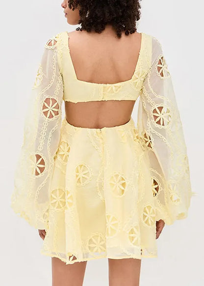 Stylish Yellow Embroidered Hollow Out Cotton Mini Dress Lantern Sleeve