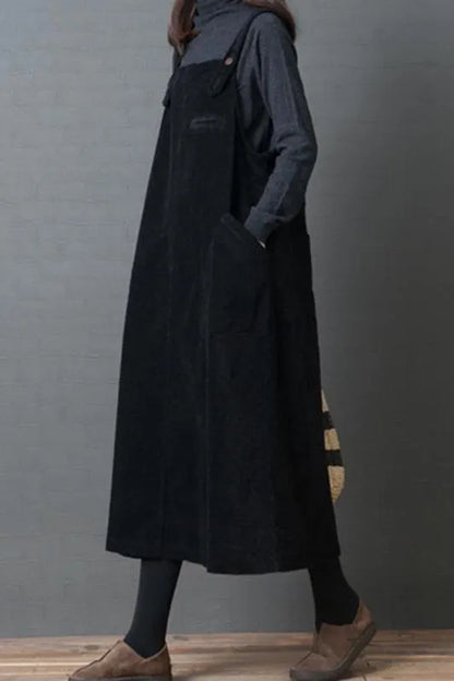 Corduroy Loose Large Pocket Suspenders Dress