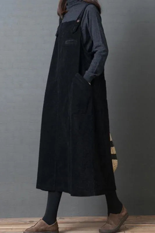 Corduroy Loose Large Pocket Suspenders Dress