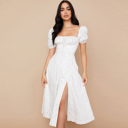 Daisy Printed Puff Sleeve High Slit Smock Maxi Sundress - White