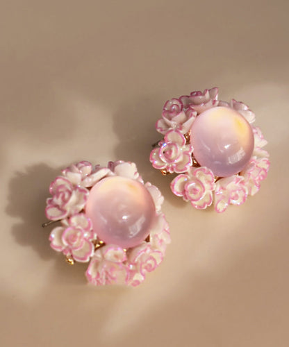 Pink Alloy Inlaid Cat Eye Stone Stud Earrings