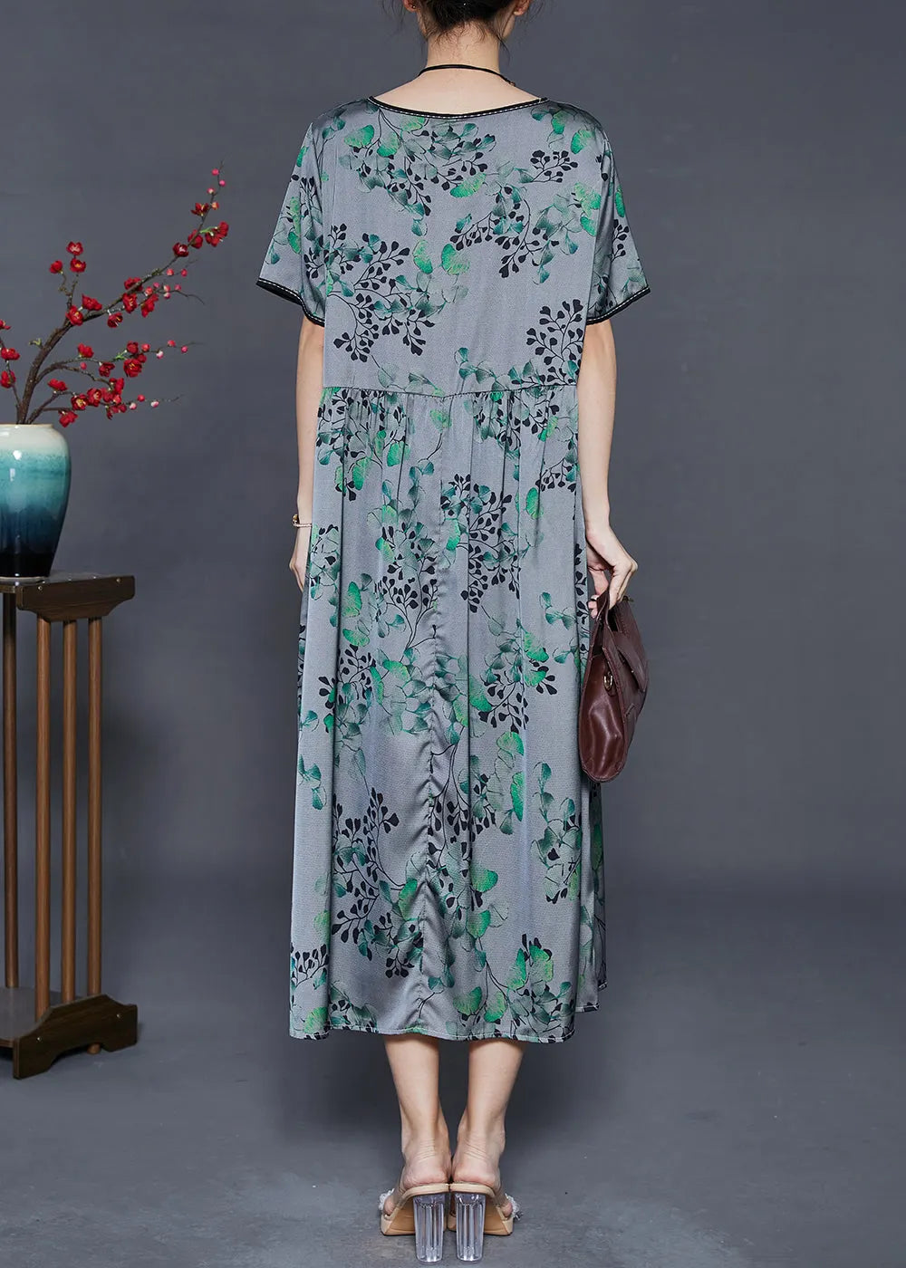 Grey Oversized Print Silk Long Dress Summer