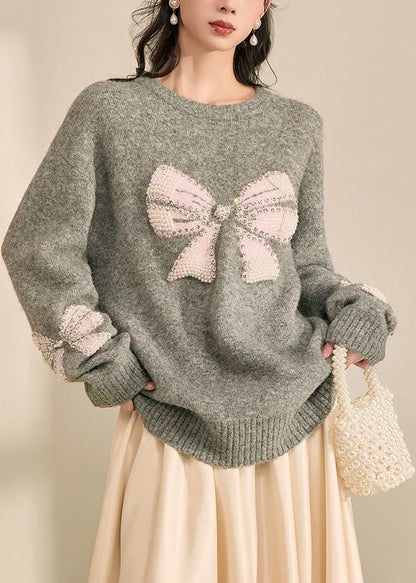 Loose Grey O-neck Bow Cozy Cotton Knit Sweater Tops Fall