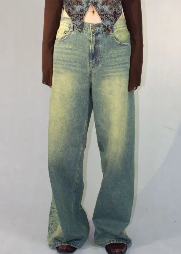 Blue Print Pockets High Waist Denim Pants Fall