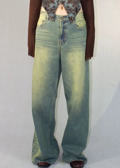 Blue Print Pockets High Waist Denim Pants Fall