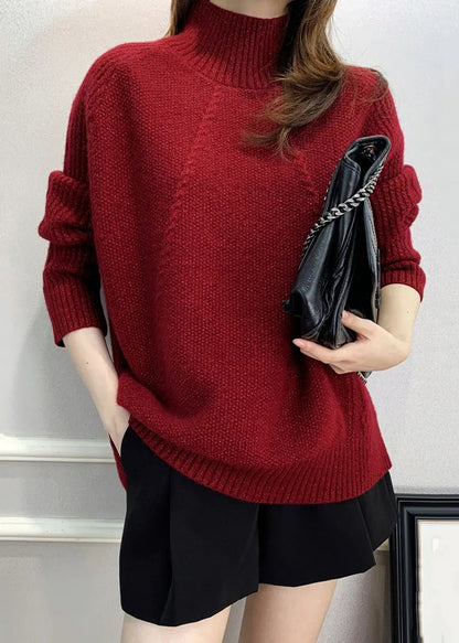Red Turtleneck Cozy Cotton Knit Sweater Fall