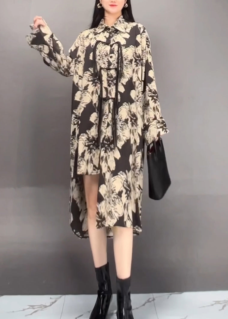 Black Peter Pan Collar Asymmetrical Print Long Dress Fall