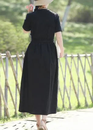 Black Linen Cotton Robes Shape Tie Waist Maxi Summer Dress