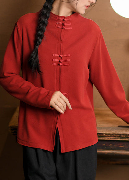 Red Oriental Button Cotton Top Spring