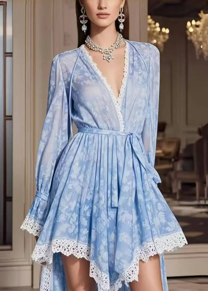 French Sky Blue Print Patchwork Lace Low High Design Holiday Dress Spring