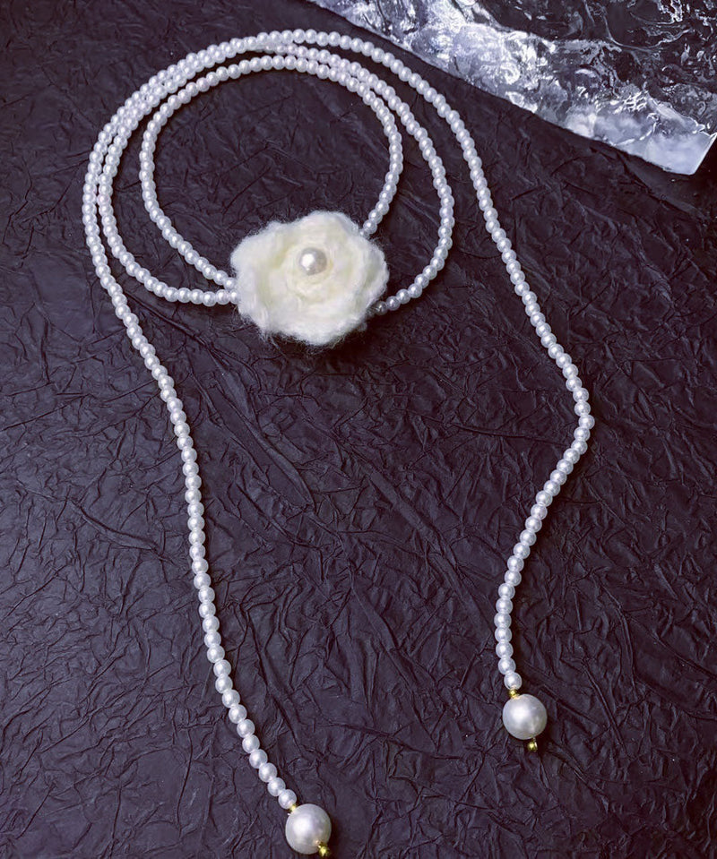 Classy White Alloy Pearl Sweater Lariat Necklace