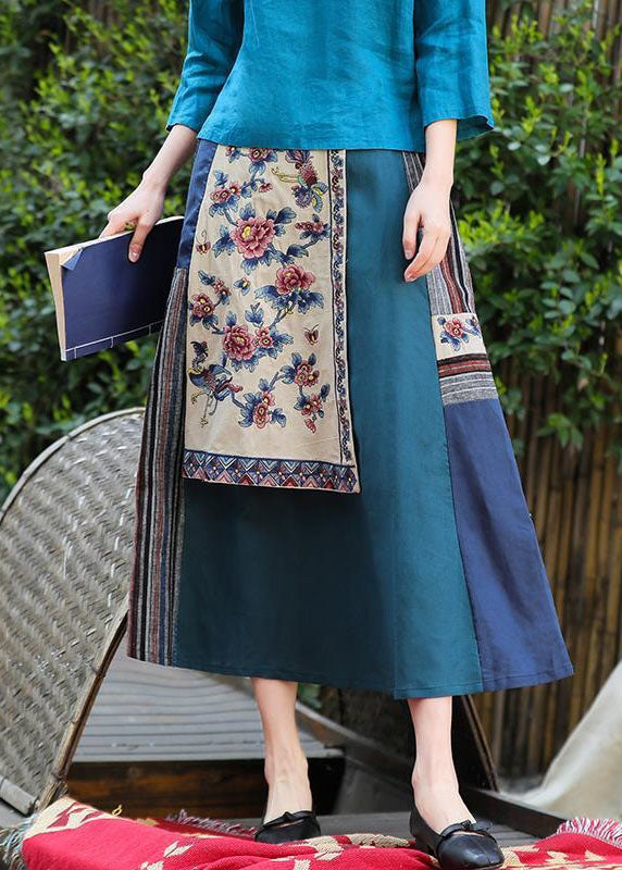 Blue Wrinkled Embroidered Pockets Patchwork Linen Skirt Summer