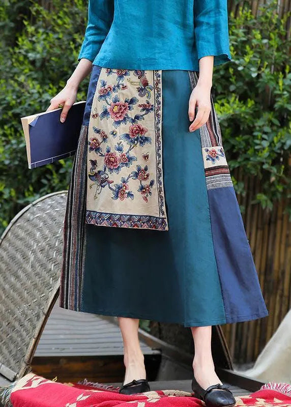 Blue Wrinkled Embroidered Pockets Patchwork Linen Skirt Summer