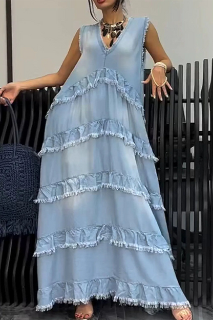 Color Distressed Ruffle V Neck Sleeveless Loose Denim Dresses(4 Colors)