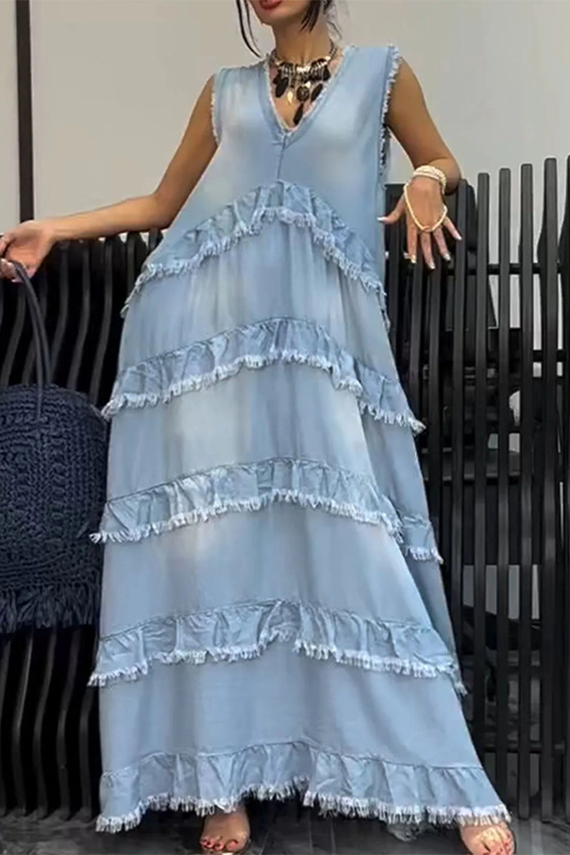 Color Distressed Ruffle V Neck Sleeveless Loose Denim Dresses(4 Colors)