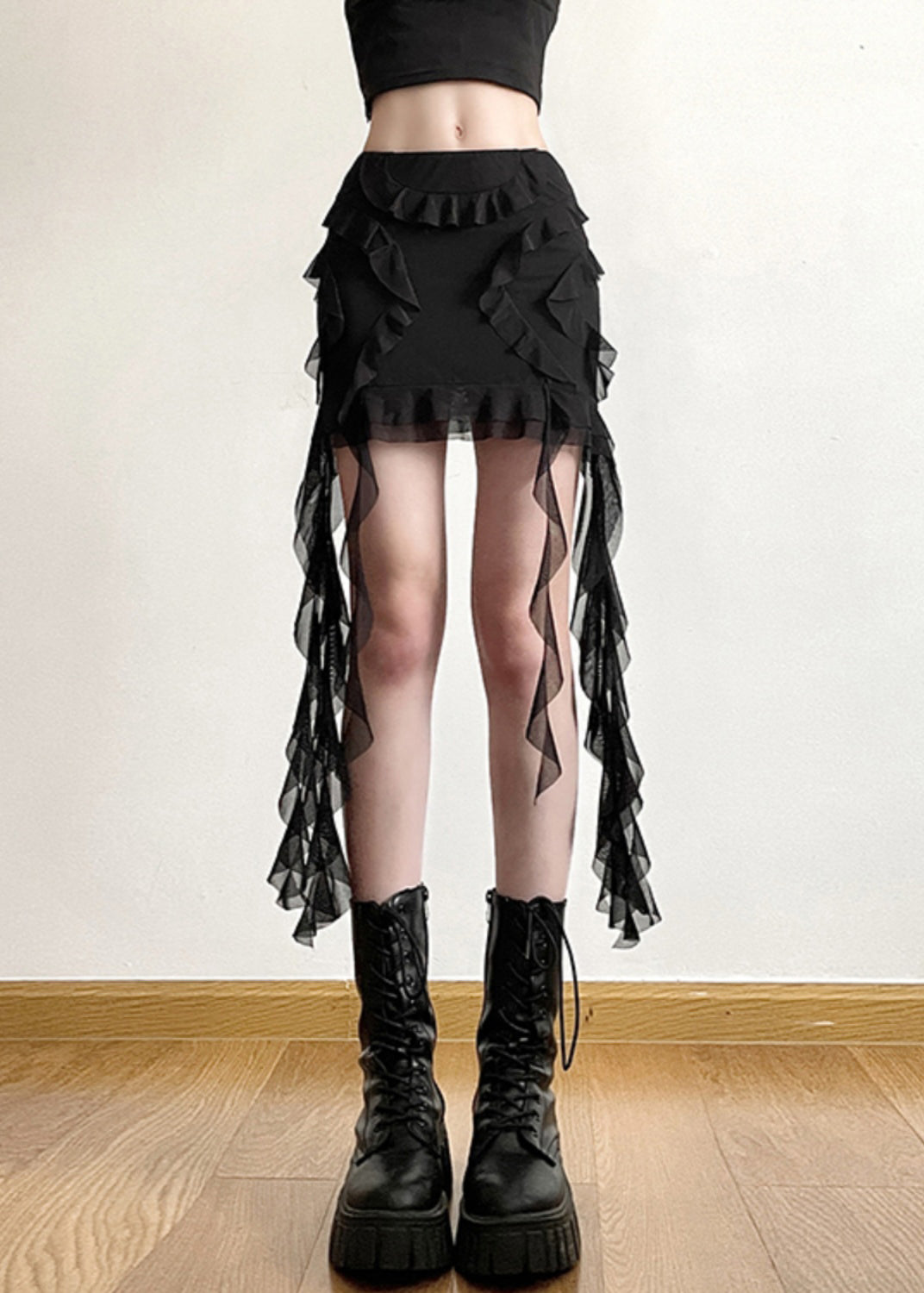Black Ruffled Patchwork High Waist Tulle Skirt Summer