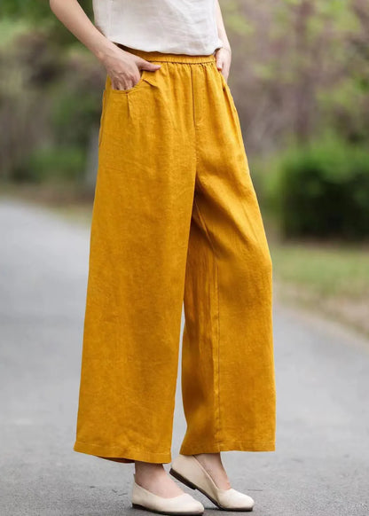 Yellow Elastic Waist Pockets Linen Pants Summer