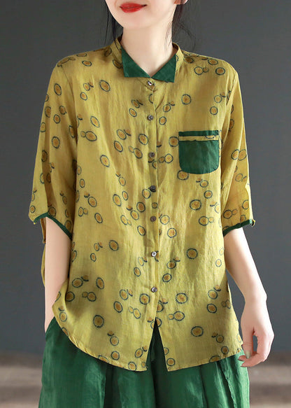 Yellow Stand Collar Print Button Ramie Shirts Half Sleeve