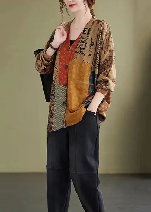 Colorblock V Neck Button Knitting Cotton Coat Fall