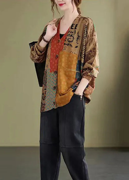 Colorblock V Neck Button Knitting Cotton Coat Fall