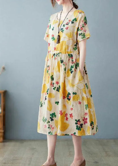 Light Yellow O Neck Pockets Print Patchwork Cotton Dress Summer