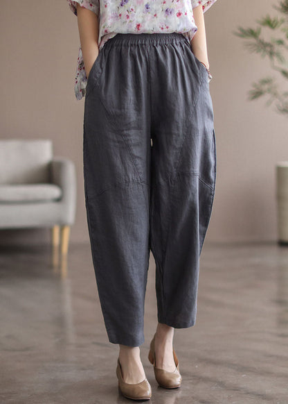 Grey Patchwork Linen Pants High Waist Summer