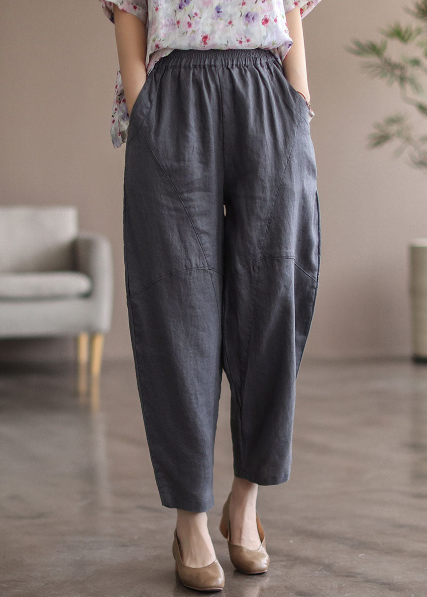 Grey Patchwork Linen Pants High Waist Summer