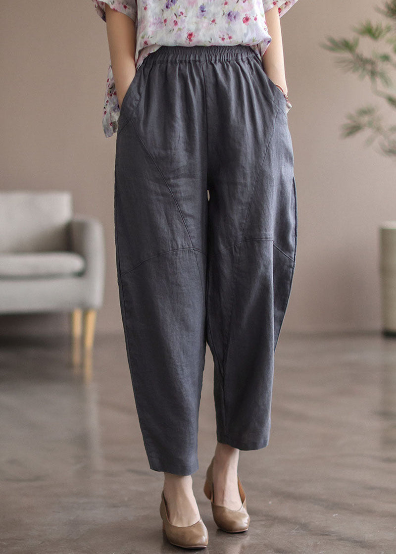 Grey Patchwork Linen Pants High Waist Summer