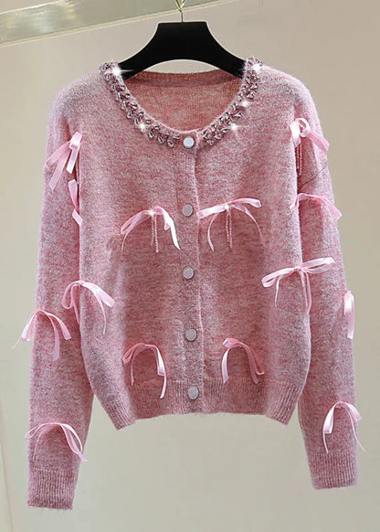 Italian Pink O-neck Zippered Bow Cotton Knit Sweaters Winter