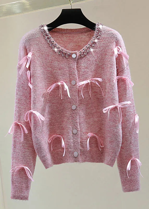 Italian Pink O-neck Zippered Bow Cotton Knit Sweaters Winter