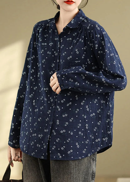 White Peter Pan Collar Print Cotton Shirts Top Spring