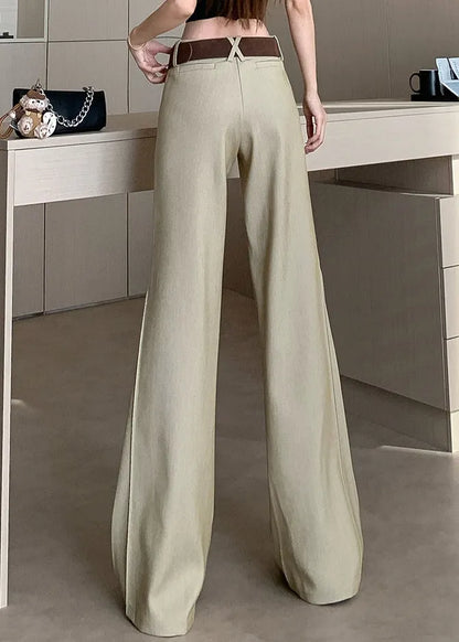 Khaki Pockets Patchwork High Waist Wide Leg Pants Spring