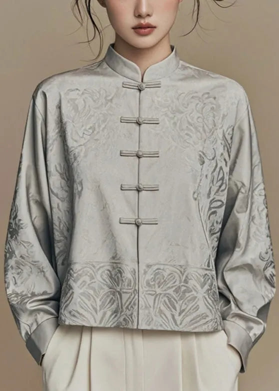 French Grey Stand Collar Button Silk Coats Fall