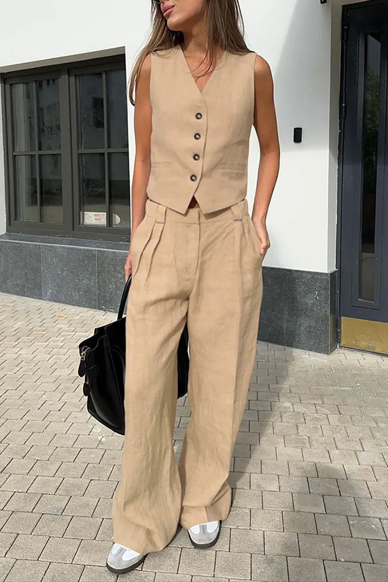 Color Cotton and Linen V-neck Vest Long Pants Set