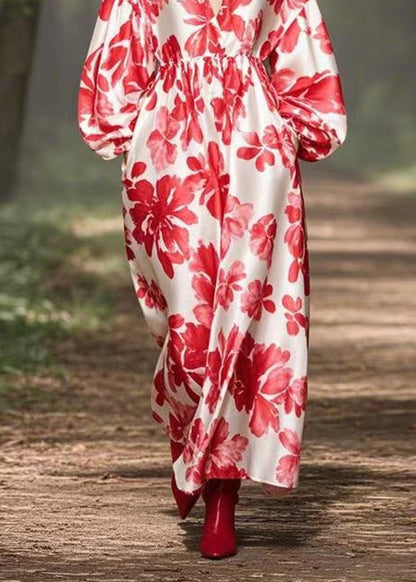 Red V Neck Print Pockets Silk Maxi Dresses Spring