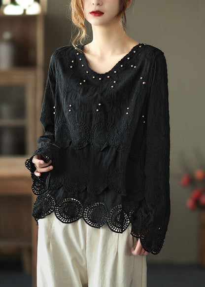Classy Black V Neck Nail Bead Fall Tops Long Sleeve