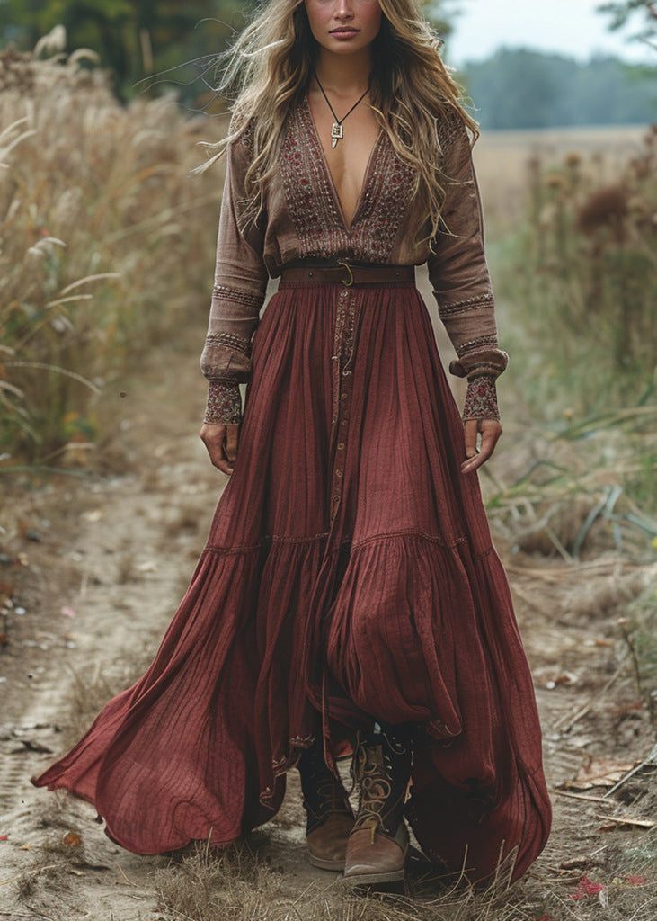 Colorblock V Neck Print Patchwork Cotton Long Dress Fall