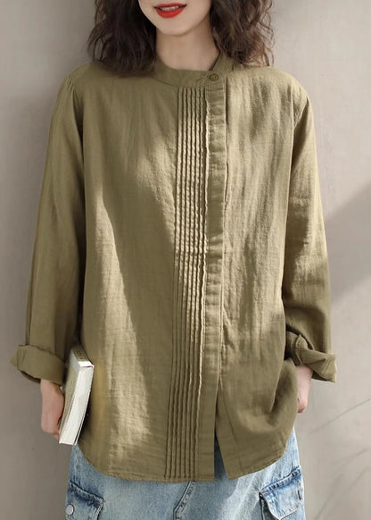 Loose Khaki Stand Collar Wrinkled Cotton Shirts Top Spring