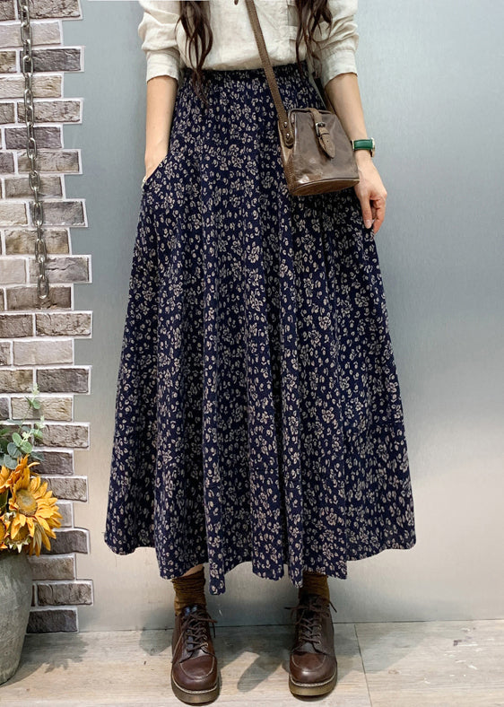 Navy Pockets Elastic Waist Cotton Skirt Fall