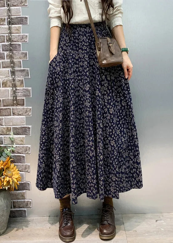 Navy Pockets Elastic Waist Cotton Skirt Fall
