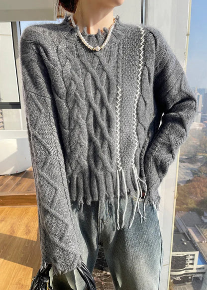 Boutique Beige Stand Collar Cotton Knit Sweater Tops Fall