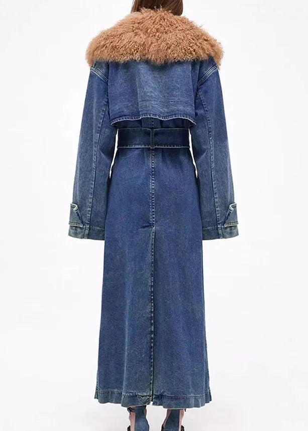 Denim Blue Fur Collar Patchwork Tie Waist Long Trench Coats Winter