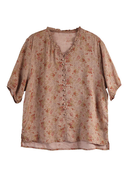 Red V Neck Button Linen Top Short Sleeve